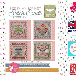 Cartes au point Abeille dans mon bonnet - Lori Holt SET O. Modèles de point de croix. C'est Coudre Emma. Sampler Style Fleurs, maison et alphabet. 3,5 pouces carrés