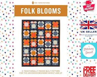 Folk Blooms, Pen and Paper Patterns for MODA. Quilt Pattern no.PPP26. Instructions to make a quilt which measures 56.5" by 69".