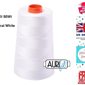Aurifil 2021 Cone, Natural White, 100% Cotton Thread (Mako, Egyptian Cotton). 5950 metres.  Made in Milan, Italy. Favourite with Quilters