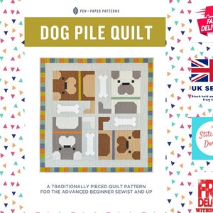 Puede incluir: Un patrón de colcha con un diseño de pila de perros con cuatro perros en diferentes colores y poses. El patrón se titula "Dog Pile Quilt" y se describe como un patrón de colcha tradicionalmente hecho a piezas para la costurera principiante avanzada y superior.