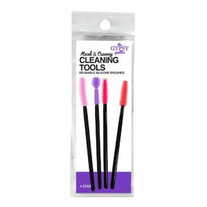 May include: A clear plastic package containing four reusable silicone brushes for cleaning. The brushes have black handles and come in pink, purple, red, and orange. The package has the text "Nook & Cranny Cleaning Tools".