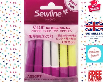 Sewline Fabric Glue Pen Refills Bonus Pack - 6 Klebestift-Mienen, 2 x Gelb, 2 x Blau & 2 x Pink (Alle trocken klar) Sewline Glue Pen erforderlich