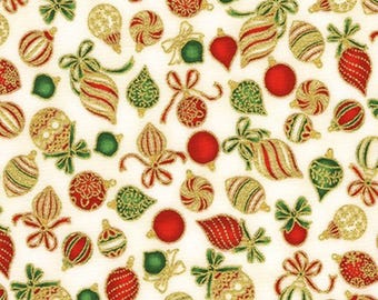 Tela navideña metálica Robert Kaufman 19948-223 - Envío gratuito en el Reino Unido, tela de algodón premium moderna. Adornos navideños sobre fondo marfil.