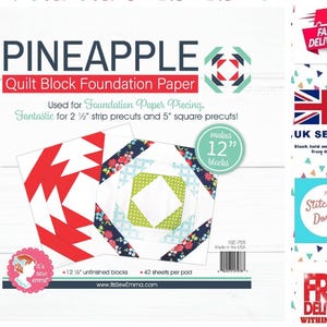 Op de afbeelding: Een vel foundation paper piecing voor quilten, met een ananasontwerp. Het papier wordt gebruikt om 12 blokken van 30,5 cm te maken. Het papier is gemaakt in de VS en wordt verkocht door ItsSewEmma.