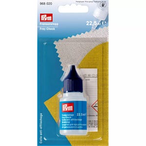 May include: A 22.5ml bottle of Fray Check fabric glue, with a blue and white label. The product is packaged with a piece of fabric and a yellow and blue backing. The text "Fray Check" is visible.