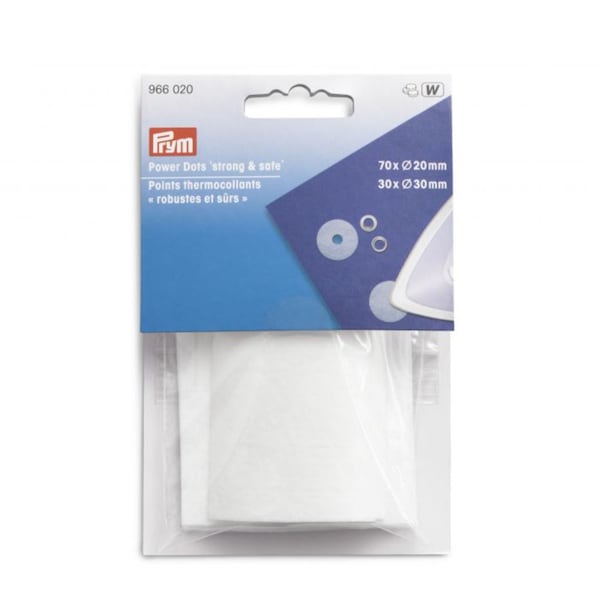 Prym Power Dots 'Strong & Safe'. Contains 70 20mm dots and 30 30mm dots. Fusible Reinforcement Dots for Snap Fasteners, Kam Snaps or Eyelets