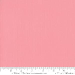 May include: A solid pink fabric swatch with a ruler showing 7 inches. The ruler has the word "moda" printed on it.