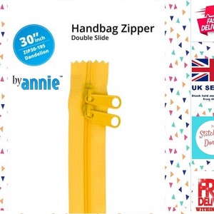 ZIP Dandelion ByAnnie Double Slide Handbag Zipper 30". Can be cut to size, Wider fabric edges, removable / reusable Zipper Pulls. YKK #4.5