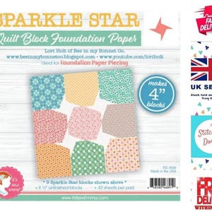 May include: A pack of Sparkle Star Quilt Block Foundation Paper by Lori Holt of Bee in my Bonnet Co. The pack contains 42 sheets of paper that can be used to make 4-inch quilt blocks. The paper is made in the USA.