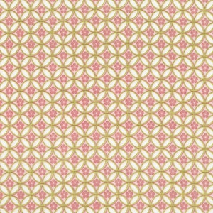 May include: A repeating pattern of interlocking gold circles and pink flowers on a white and pink background. The design is symmetrical and creates a textured appearance, suitable for fabric or wallpaper.