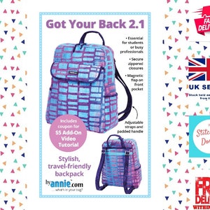 May include: A blue and purple patterned backpack with a front pocket and adjustable straps. The backpack is labelled "Got Your Back 2.1" and includes a coupon for a £5 add-on video tutorial.