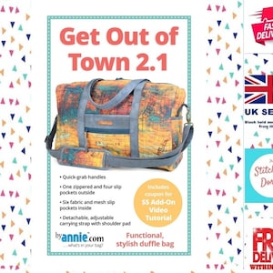May include: A colorful duffle bag with a map-like design, featuring blue handles and a shoulder strap. The bag has multiple pockets and includes the text "Get Out of Town 2.1" and "Functional, stylish duffle bag".