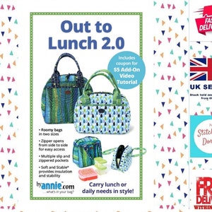 Peut inclure: Un patron de couture pour un sac à déjeuner, intitulé "Out to Lunch 2.0". Le patron comprend des instructions pour réaliser deux tailles de sacs, avec plusieurs poches et des fermetures à glissière. Le patron comprend également un coupon pour un tutoriel vidéo supplémentaire de 5 €.