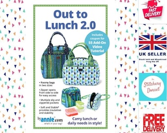 May include: A sewing pattern for a lunch bag, titled "Out to Lunch 2.0". The pattern includes instructions for making two sizes of bags, with multiple pockets and zippered closures. The pattern also includes a coupon for a $5 add-on video tutorial.
