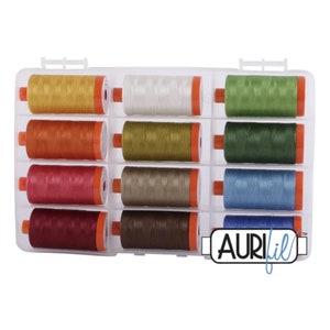 Aurifil 50wt Classic Collection, 12 Colours of 100% Cotton Thread on Large Orange Spools With Storage Case. 1,422 yards/1300m. Milan, Italy