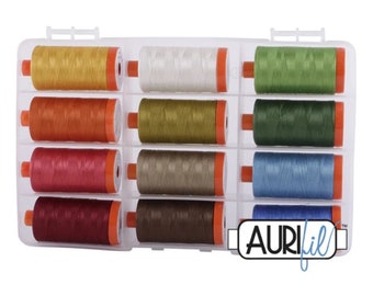Aurifil 50wt Classic Collection, 12 Colours of 100% Cotton Thread on Large Orange Spools With Storage Case. 1,422 yards/1300m. Milan, Italy