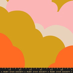 May include: Abstract pattern with overlapping rounded shapes in shades of orange, yellow, pink, and cream. The pattern is reminiscent of clouds or waves.