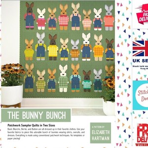 May include: A patchwork quilt pattern featuring a group of bunnies dressed in various outfits, including overalls, shirts, and dresses. The quilt pattern is titled "The Bunny Bunch" and is by Elizabeth Hartman.