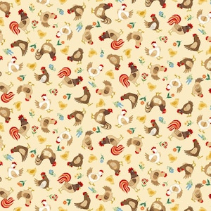 May include: A seamless pattern featuring brown and white chickens and roosters with red combs and wattles. The background is a light yellow colour with small blue, red, and yellow flowers.