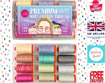 Aurifil 50wt Tula Pink Collection, 12 Colours of 100% Cotton Thread on Large Orange Spools With Storage Case. 1422 yards/1300m. Milan, Italy
