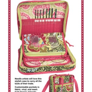 Peut inclure: Un étui pour accessoires de couture Case in Point avec un extérieur en tissu floral aux tons vert et rose. L'étui ouvert présente des poches en filet, des fentes en tissu et plusieurs crochets. Une vue fermée montre deux poignées.