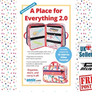 Könnte beinhalten: Nähmuster A Place for Everything 2.0 von Annie.com. Das Muster zeigt einen farbenfrohen Organizer mit mehreren Taschen, zwei herausnehmbaren Seiten, Außen- und Innentaschen sowie verstellbaren Griffen. Das Muster beinhaltet einen Gutschein für ein zusätzliches Video-Tutorial für 5 €.