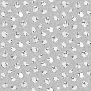 Puede incluir: Un patrón sin costuras de ovejas blancas sobre un fondo gris claro. Las ovejas miran en diferentes direcciones y tienen ojos y narices negros.
