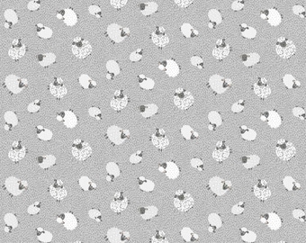 May include: A seamless pattern of white sheep on a light gray background. The sheep are facing different directions and have black eyes and noses.