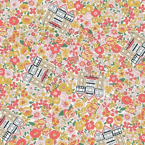 May include: A white background with a repeating pattern of pink, yellow, and green flowers. The pattern also includes a repeating image of a building with the word "LIBERTY" on it.