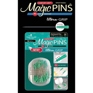 Taylor Seville Magic Pins, 50 Patchwork Pins 1 7/16" (0.5mm x 36mm) Fine, ULTRA Grip Handles, Heat resistant, with storage case. Green Ends
