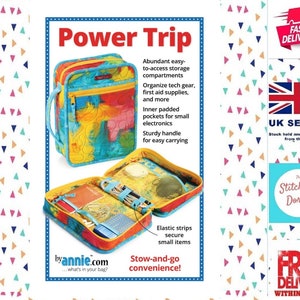 Puede incluir: Una maleta de viaje acolchada y colorida con cierre de cremallera y asa. La maleta está abierta para revelar múltiples compartimentos y correas elásticas para organizar artículos pequeños. El texto "Power Trip" está impreso en rojo en la parte delantera de la maleta.