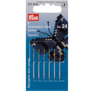 PRYM Tapestry / Cross Stitch Needles. Needle Size no.24, Prym Product Number 125558. Great for larger count fabrics, 10 or 14 count Aida