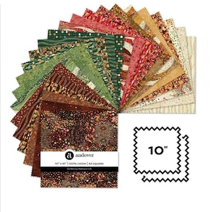 May include: A collection of 42 fabric squares, each 10" x 10", arranged in a fan shape. The fabrics feature various patterns in shades of green, red, brown, and gold. The label reads "andover" and "10" x 10" | 100% cotton | 42 squares".