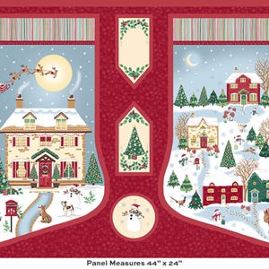 May include: A fabric panel featuring two Christmas stockings with winter scenes, including houses, snow, trees, Santa in a sleigh, and snowmen. The background is deep red with small white dots. Text at the bottom reads: Panel Measures 44" x 24".