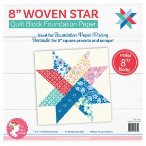 May include: 8" Woven Star Quilt Block Foundation Paper pad. The cover features a star-shaped quilt block made of various floral and geometric patterned fabrics in red, blue, pink, and teal. Text includes "8" Woven Star", "Quilt Block Foundation Paper", and "makes 8" blocks".