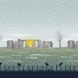May include: A repeating pattern wallpaper featuring a landscape with Stonehenge-like stone circles, bare trees, and bright yellow suns. The foreground shows a dark fence with black birds perched on posts, set against a snowy, light blue sky.