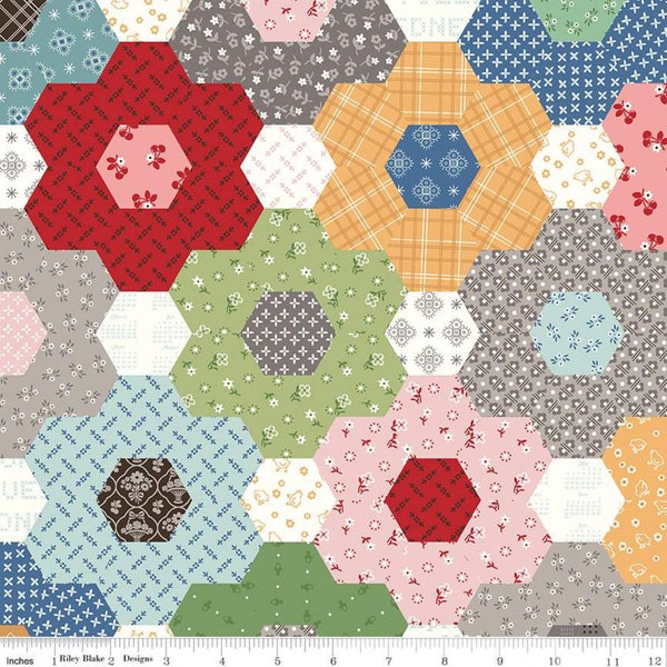 Riley Blake, Calico Grandmother's Flower Garden Multi RBC12862. Lori Holt.  Cheater Print of hexagons. 44 inch Wide Cotton Quilting Fabric.