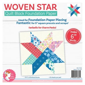 May include: Woven Star Quilt Block Foundation Paper. The package features a colorful star quilt block design. The text indicates it's for foundation paper piecing and is fantastic for 12.7 cm square precuts and scraps. It makes 15.24 cm blocks.