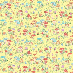 Könnte beinhalten: Ein skurriles Muster mit bunten Pilzen, Schmetterlingen und Schnecken auf gelbem Hintergrund. Die Pilze haben rote, orangefarbene und blaue Kappen. Grünes Gras und kleine Blumen sind im Design verstreut, was ein fröhliches Thema ergibt.