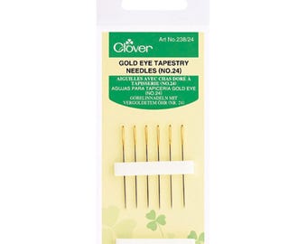 CLOVER Tapestry / Cross Stitch Needles. Needle Size no.24, 238/24. Great for larger count fabrics, 10 or 14 count Aida. Gold eye plating.