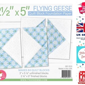 May include: A sheet of white paper with a blue and white floral pattern, labeled "Flying Geese Quilt Block Foundation Paper" and "2 1/2" x 5" ". The paper is designed to help quilters create quilt blocks. The paper is made in the USA and is sold by a UK seller.