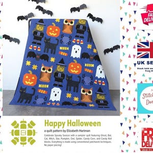 Happy Halloween Elizabeth Hartman-quiltpatroon nr. EH-077. Instructies voor het maken van een kleine en grote quilt. Maak spoken, vleermuizen en katten. Gebreide quilt