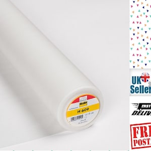 Puede incluir: Rollo de entretela blanca fusible, 75 cm de ancho, etiquetado "Vlieseline H 609".
