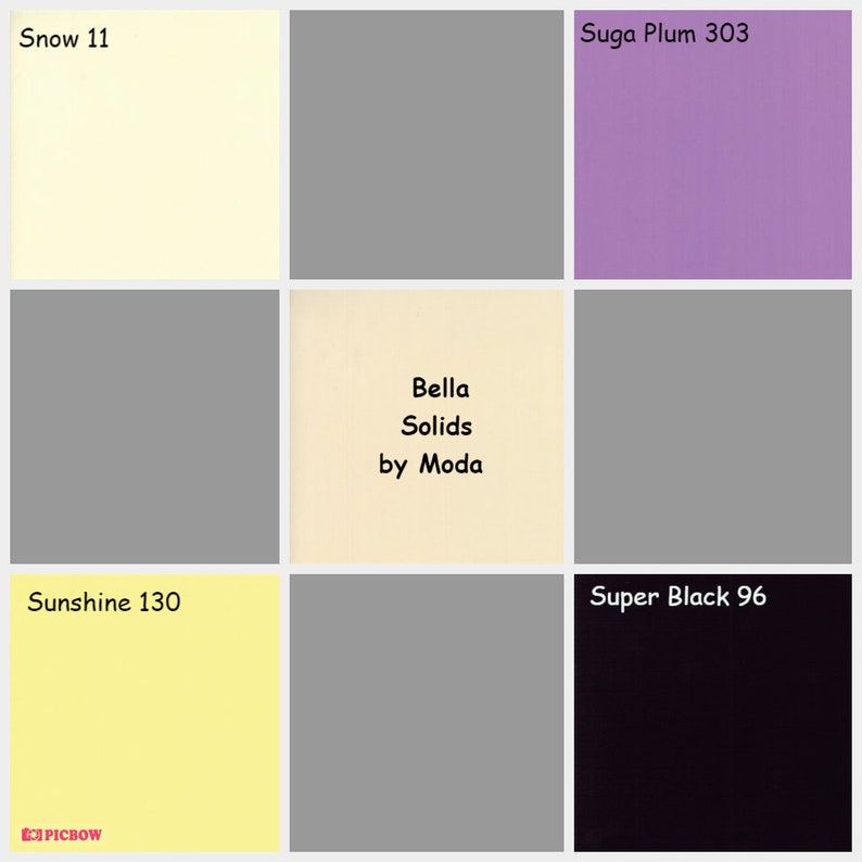 May include: A color chart with nine paint swatches. The swatches are labeled with the names and numbers of the colors: Snow 11, Suga Plum 303, Sunshine 130, Super Black 96. The chart also includes the text "Bella Solids by Moda".