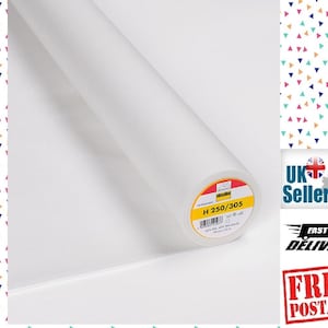 May include: White fusible interfacing fabric roll, 250 cm wide, labelled "H 250/305 40% PES 60% Viscose"