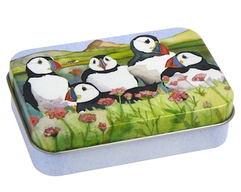 Emma Ball Sea Thrift Puffins Mini Rectangular Tin, Hinged Lid. Height 26mm, Width 92mm, Depth 72mm. Perfect for Sewing and Crafting Storage