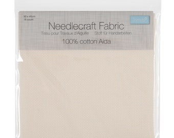 May include: A white 18 count Aida fabric for needlepoint, cross stitch, or embroidery projects. The fabric is 30 inches by 45 inches. The package is labeled "Needlecraft Fabric" and "100% cotton Aida".