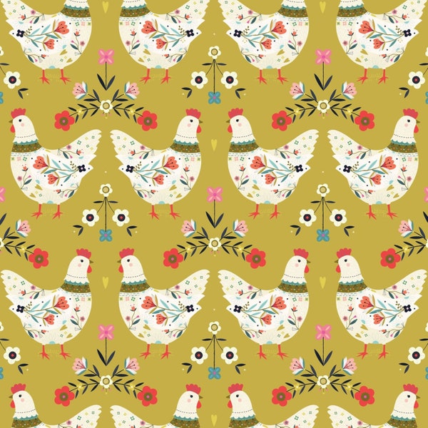 Strawberry Tea by Bee Brown from Dashwood Fabric. STEA2243/1. Beautiful Cotton fabric for quilting, patchwork and sewing projects. Chickens