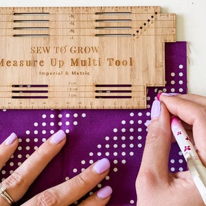 Measure Up Multi Tool from Sew To Grow. Imperial and Metric Measurements, Cut from Premium Bamboo in Australia. For Hemming, Seam Guide etc