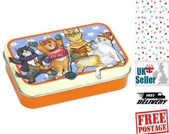 Emma Ball Mini Rectangular Tin, Kittens in Mittens. Hinged Lid. Height 26mm, Width 92mm, Depth 72mm. Perfect for Sewing and Crafting Storage